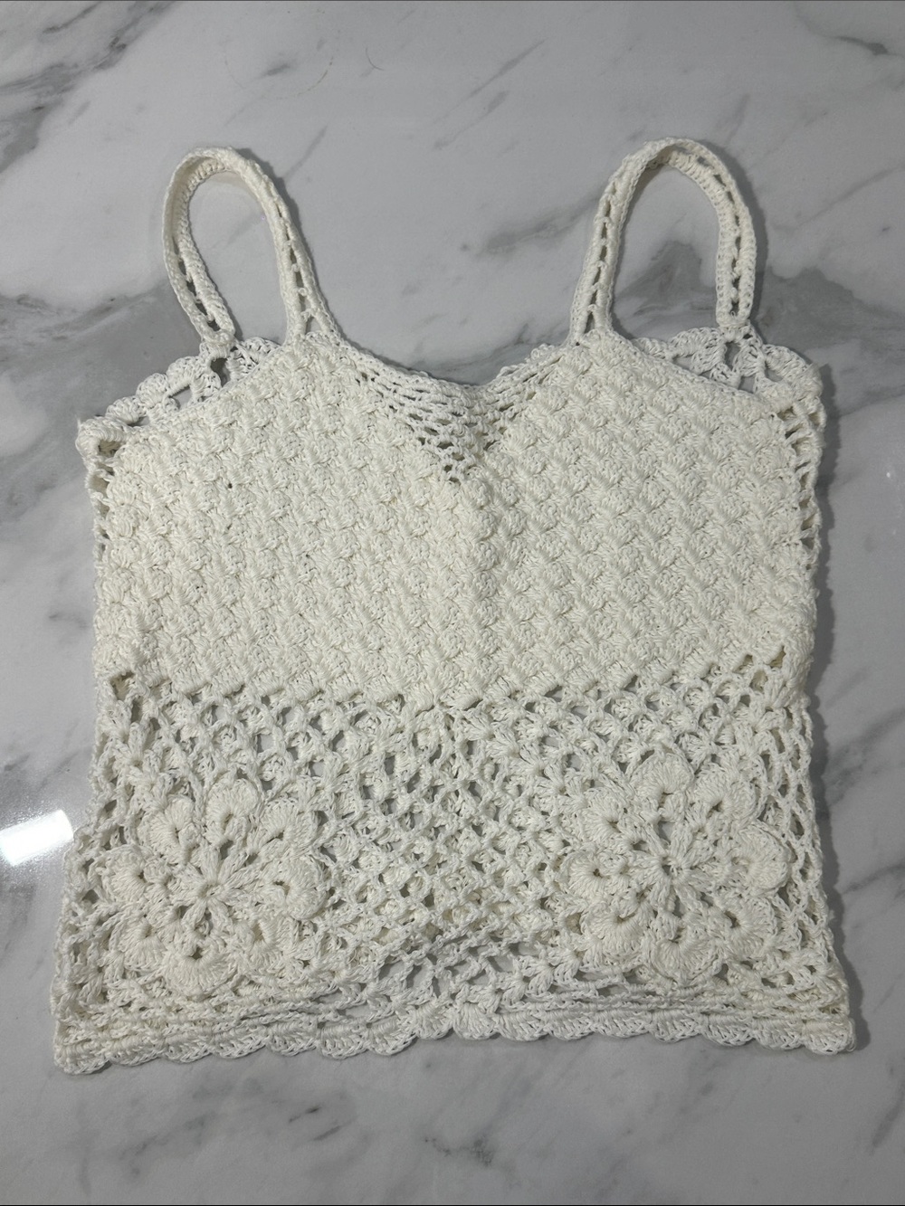 Handmade Crochet Cream Tank Top Floral Detail Corset Lace up Back Size Small Med